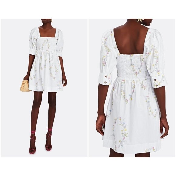 💕GANNI💕 Floral Organic Cotton Poplin Mini Dress Bright White 8-10 US 40 EU NWT - Picture 1 of 16